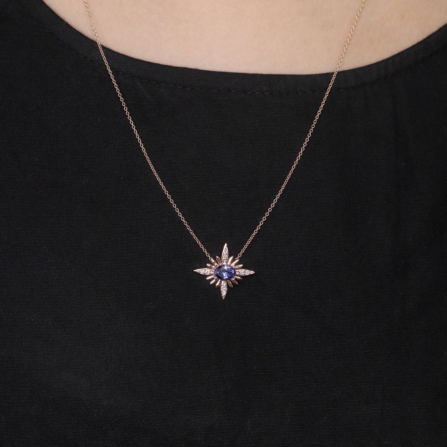 14k TANZANITE DIAMOND STARBURST NECKLACE