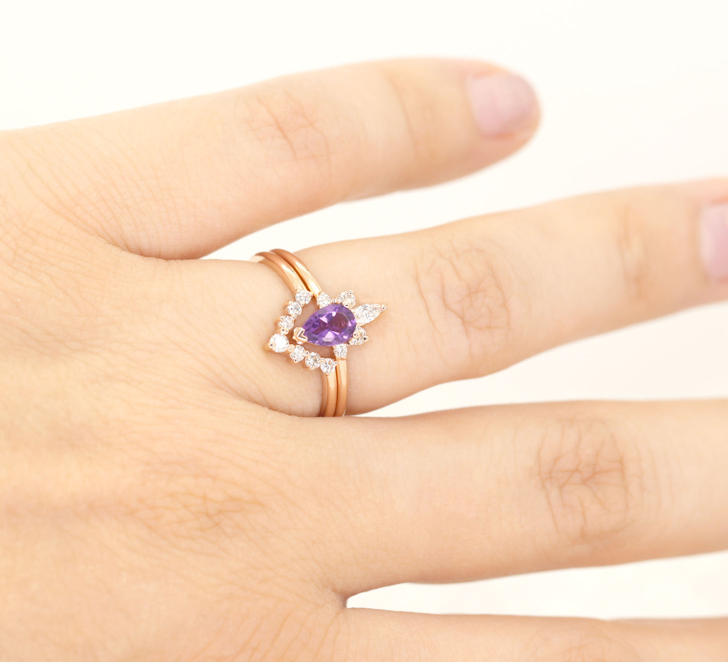 14K AMETHYST CROWN RING DIAMOND V BAND SET