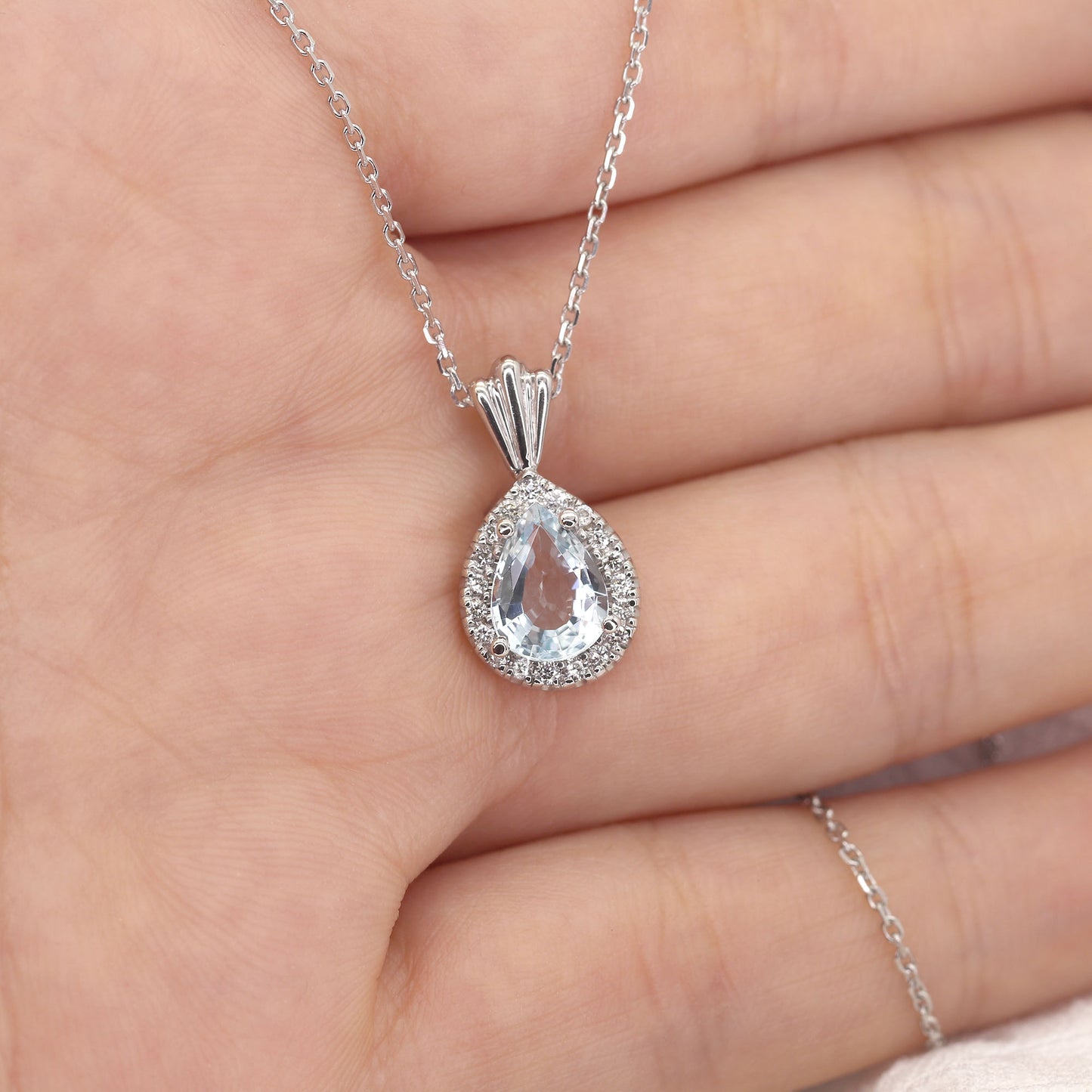 14K PEAR AQUAMARINE DIAMOND HALO NECKLACE