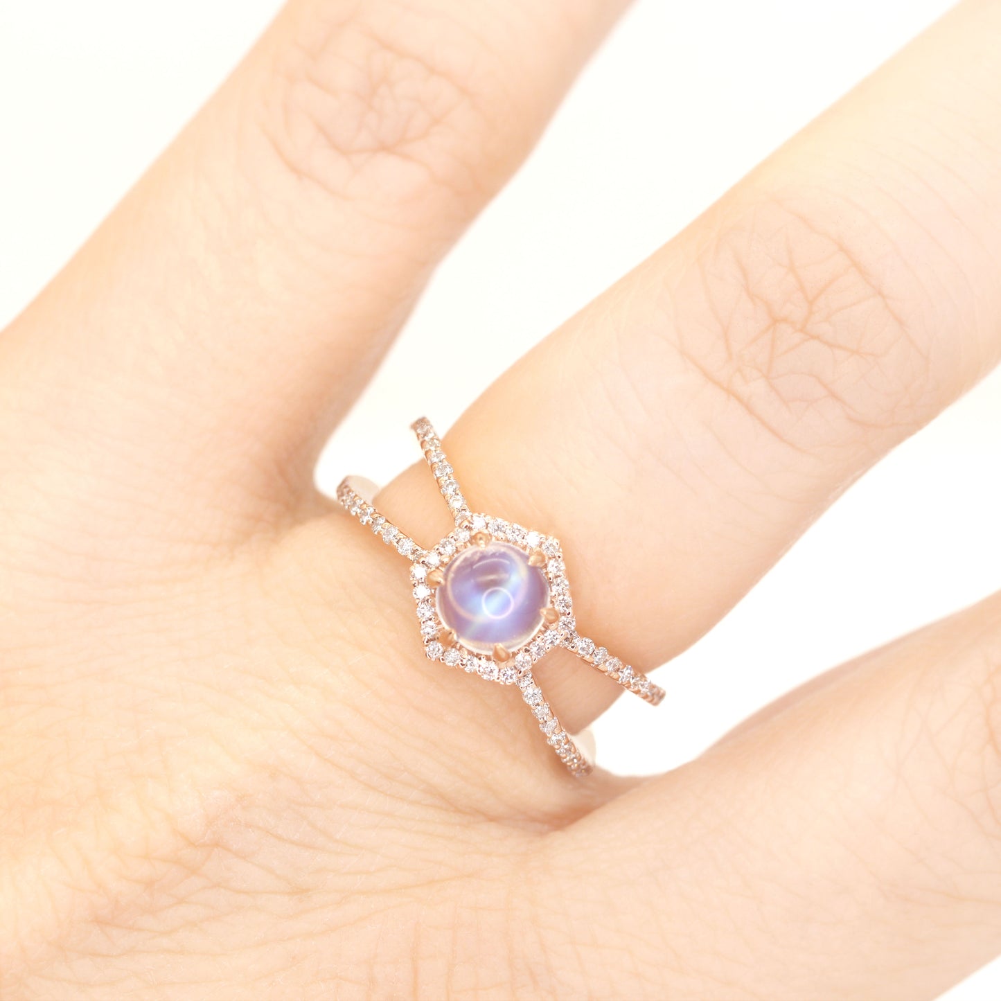 14K MOONSTONE DIAMOND HEXAGON RING