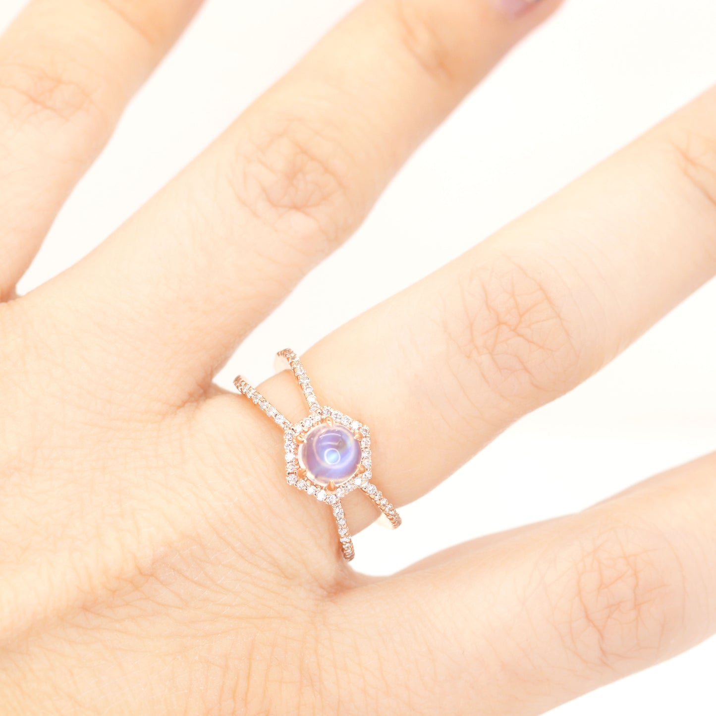 14K MOONSTONE DIAMOND HEXAGON RING