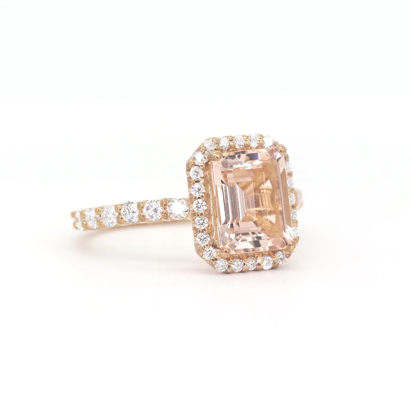 14K EMERALD CUT MORGANITE DIAMOND HALO ENGAGEMENT RING