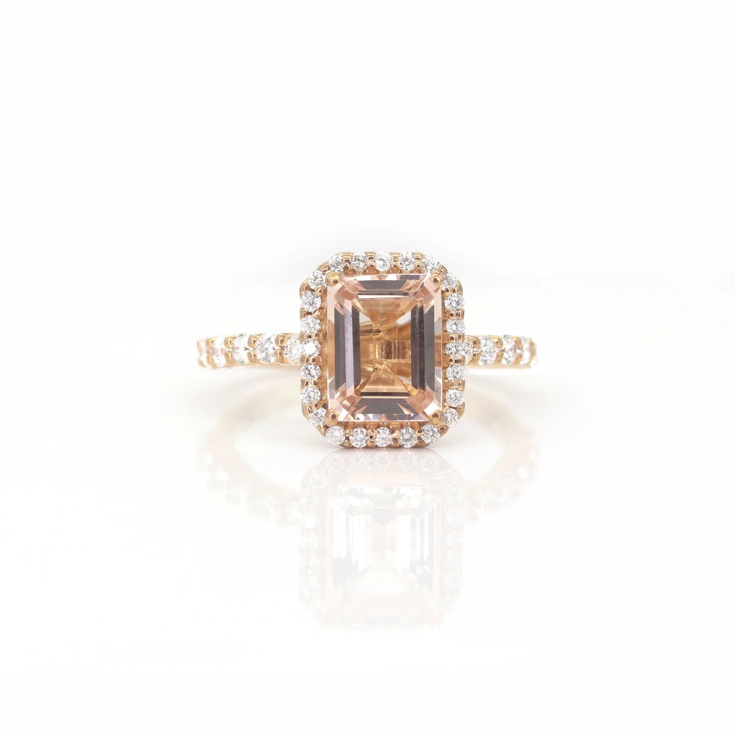 14K EMERALD CUT MORGANITE DIAMOND HALO ENGAGEMENT RING
