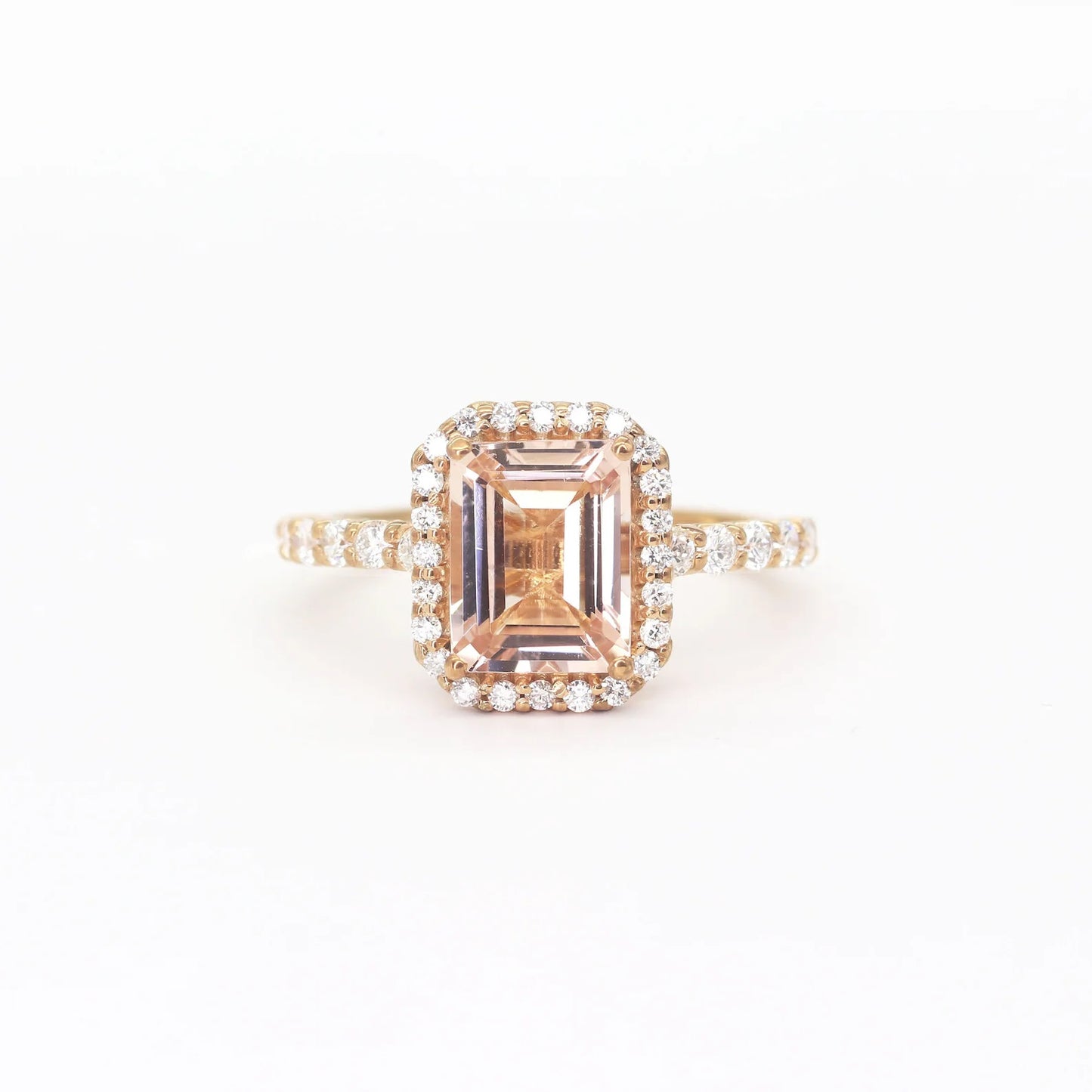 14K EMERALD CUT MORGANITE DIAMOND HALO ENGAGEMENT RING
