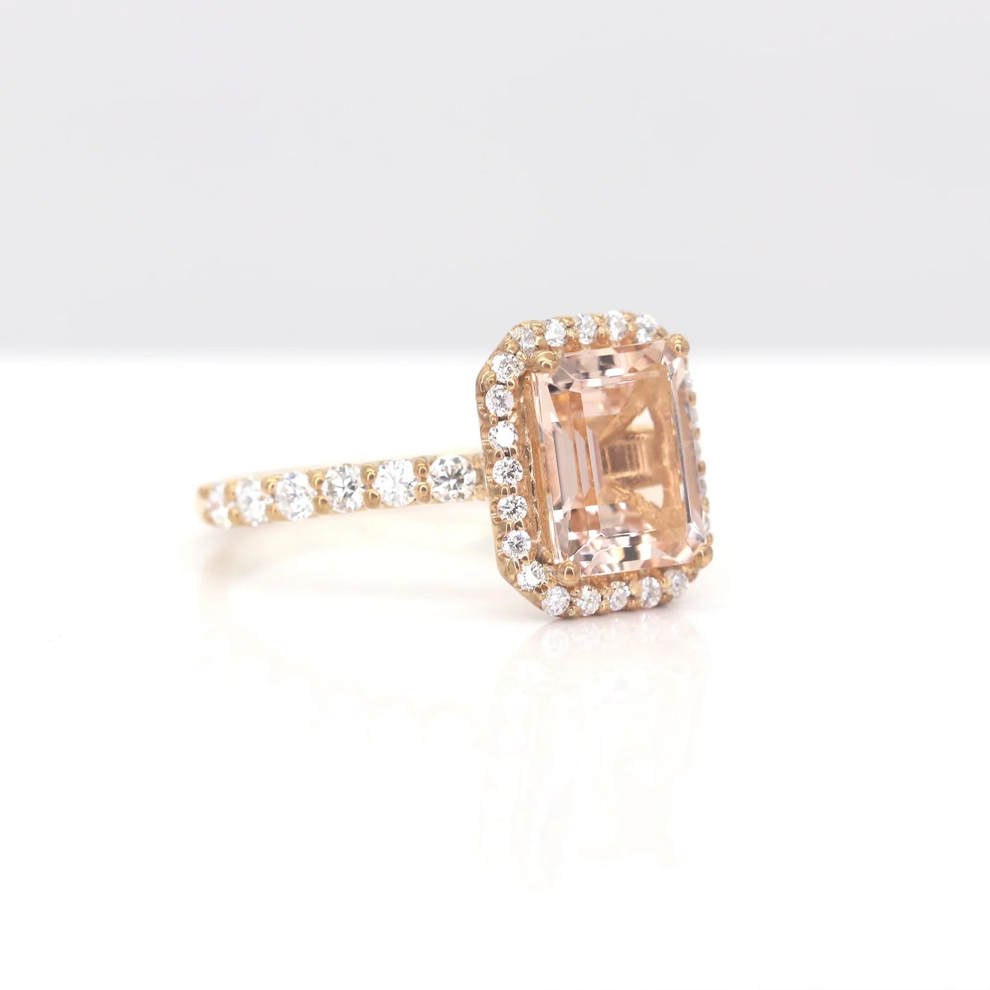 14K EMERALD CUT MORGANITE DIAMOND HALO ENGAGEMENT RING