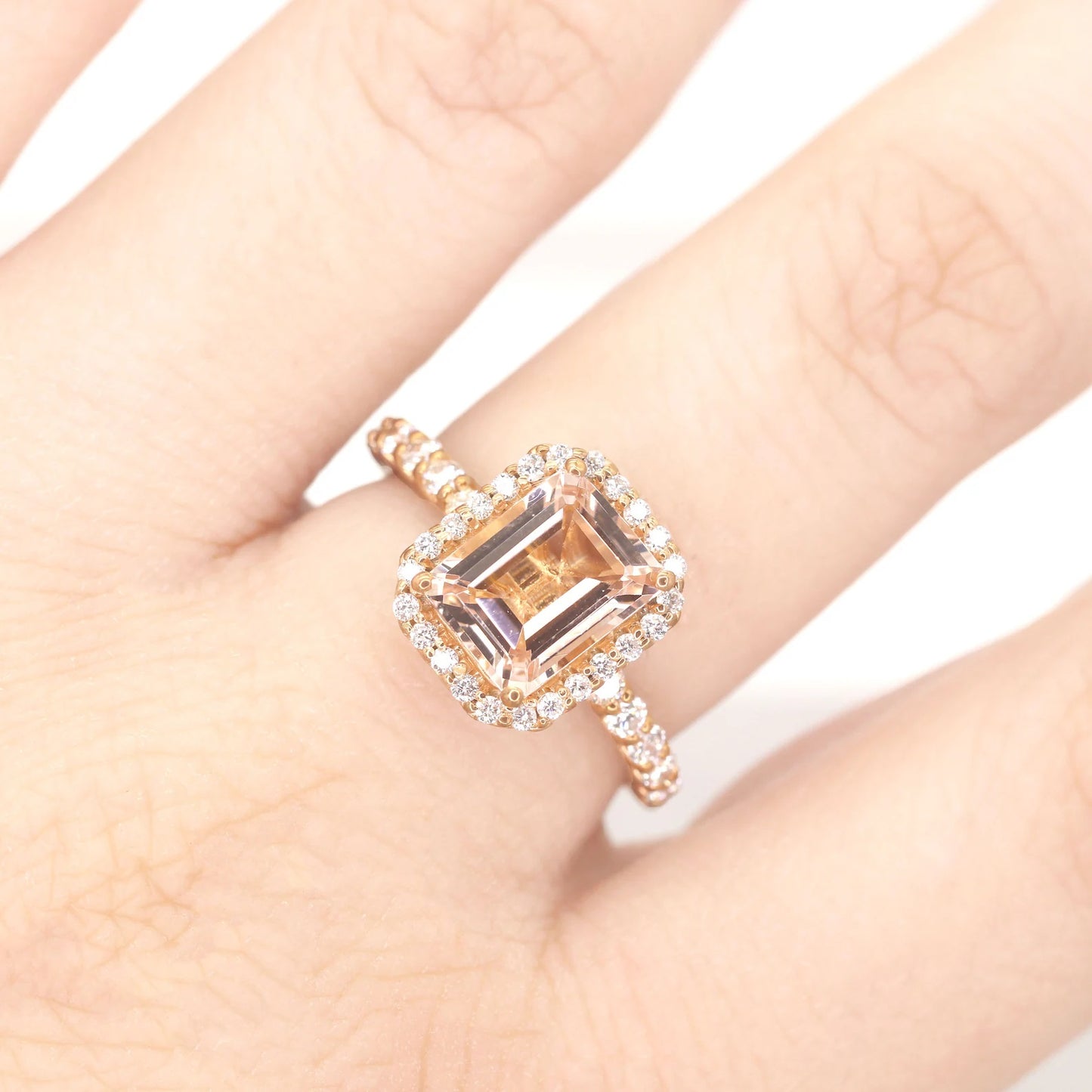 14K EMERALD CUT MORGANITE DIAMOND HALO ENGAGEMENT RING
