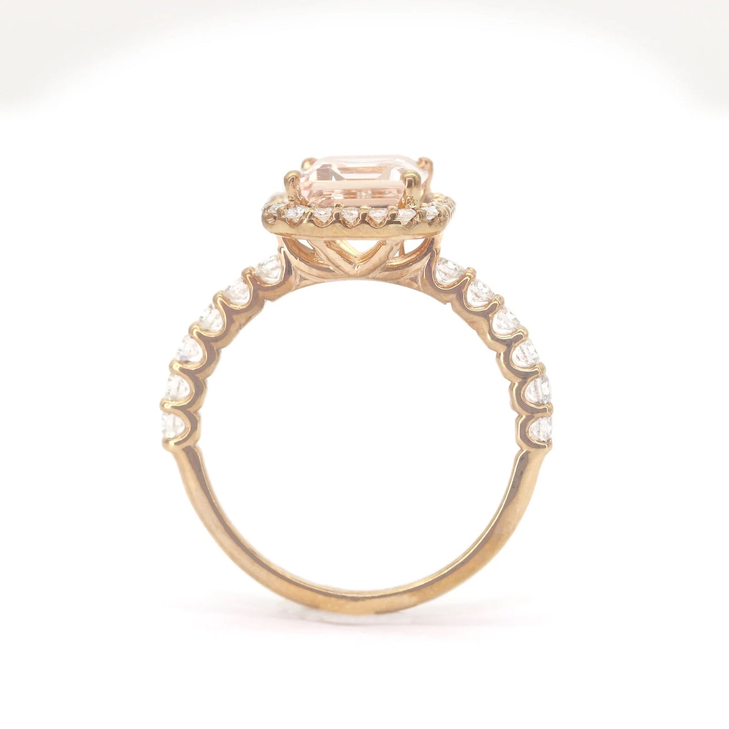 14K EMERALD CUT MORGANITE DIAMOND HALO ENGAGEMENT RING