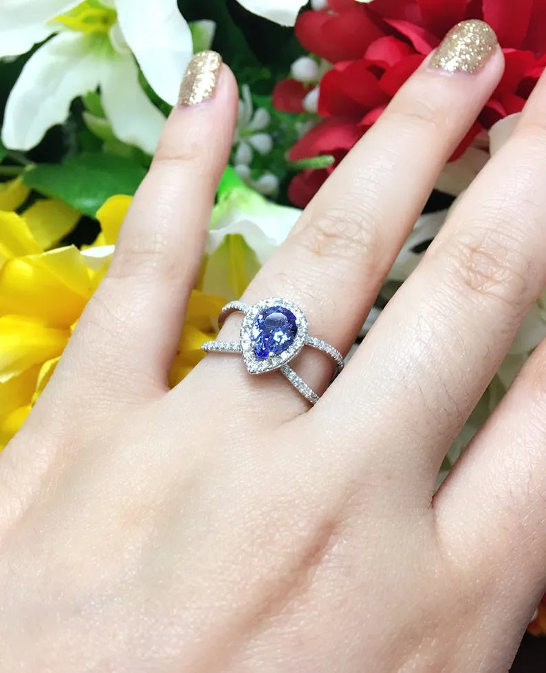 14K PEAR TANZANITE DIAMOND HALO DOUBLE BAND RING