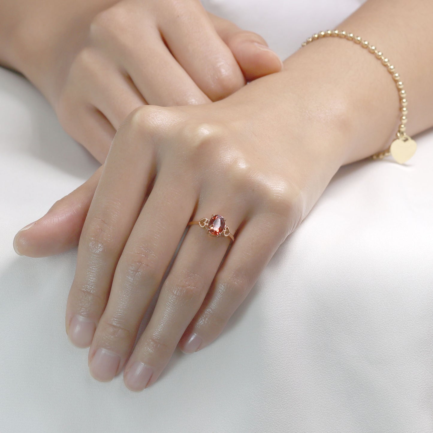 14K OVAL SUNSTONE DOUBLE HEART RING