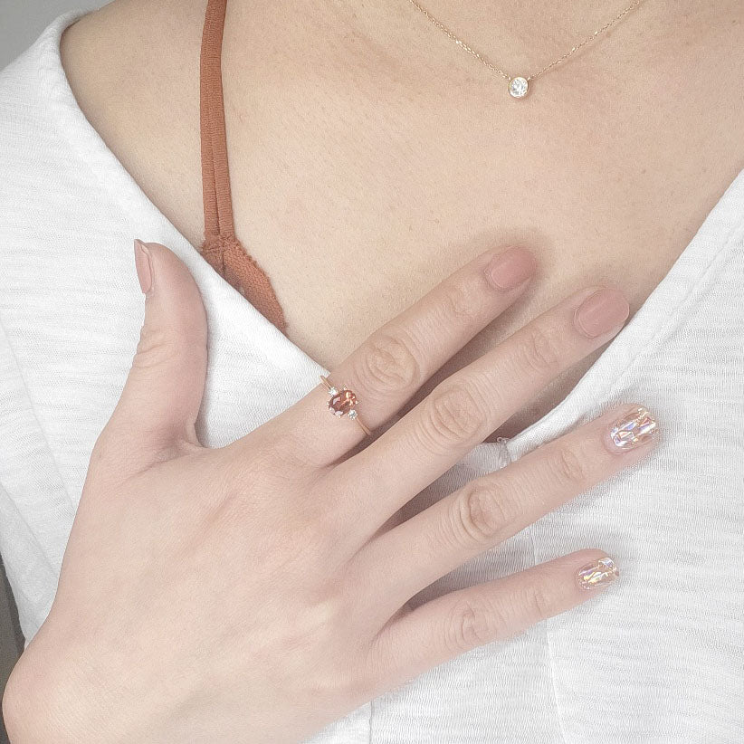 14K OVAL SUNSTONE DIAMOND RING