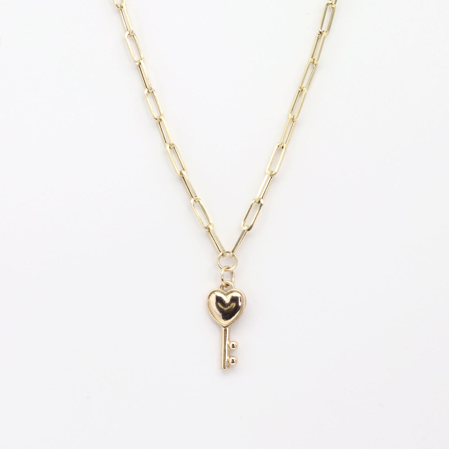 14K YELLOW GOLD HEART KEY PAPER CLIP CHAIN NECKLACE