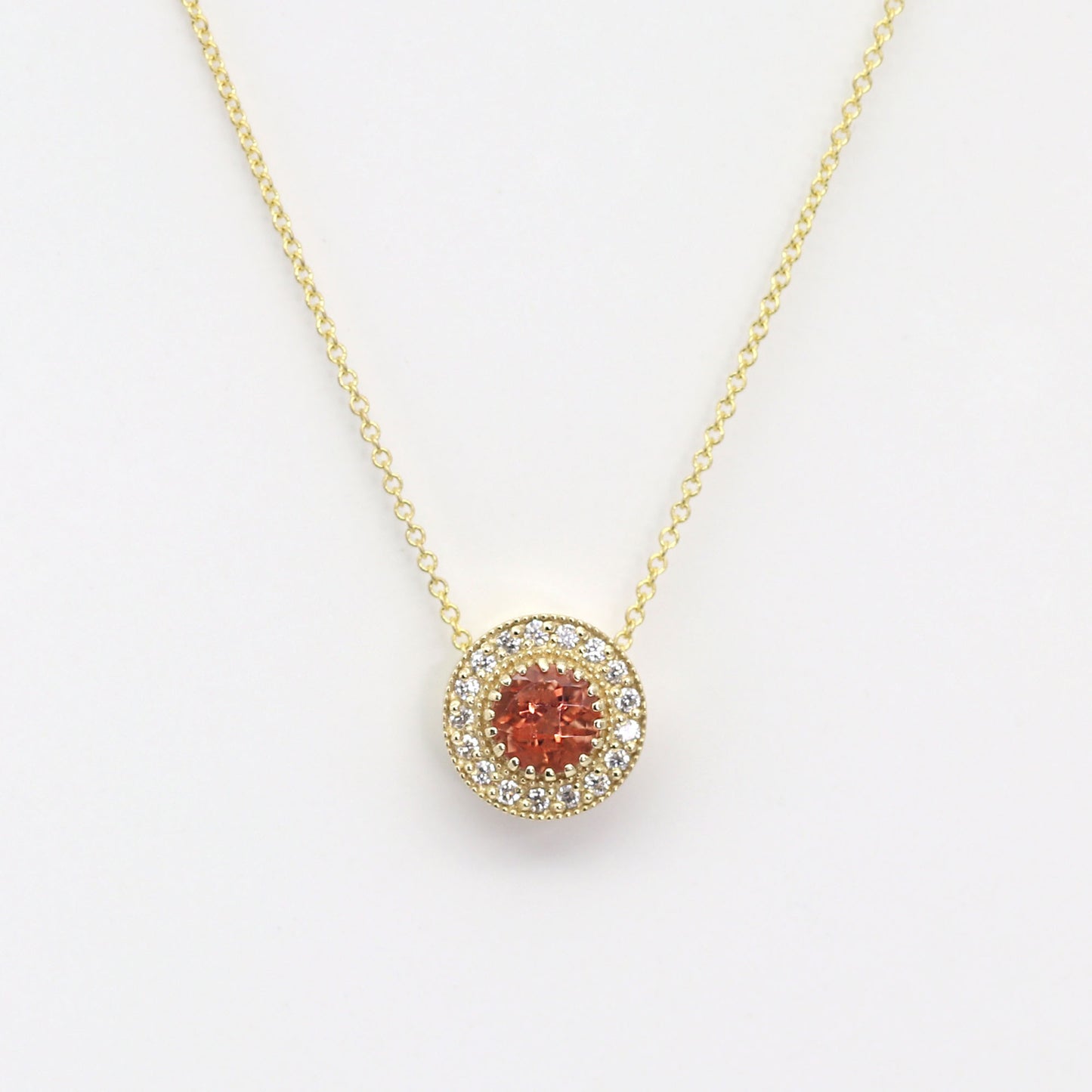 14k SUNSTONE DIAMOND HALO VINTAGE NECKLACE