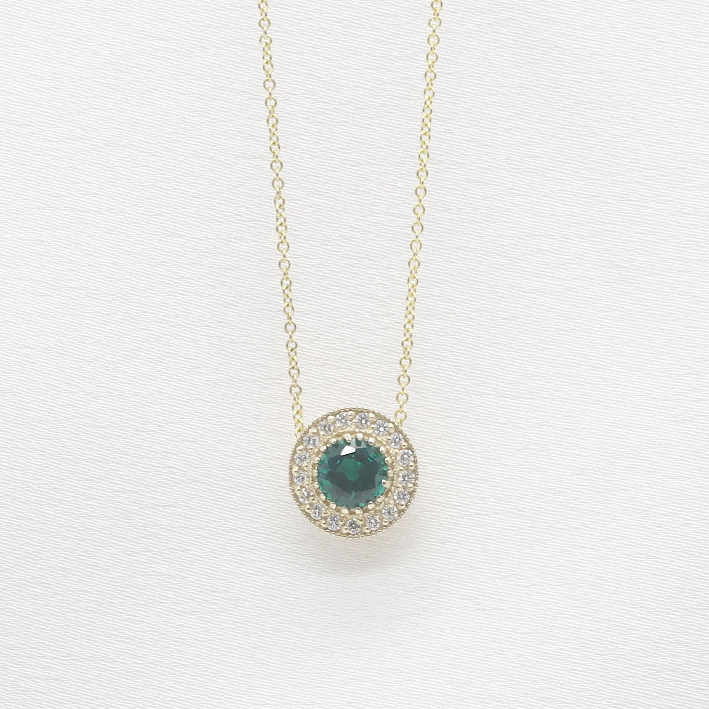 14K LAB EMERALD DIAMOND HALO VINTAGE NECKLACE