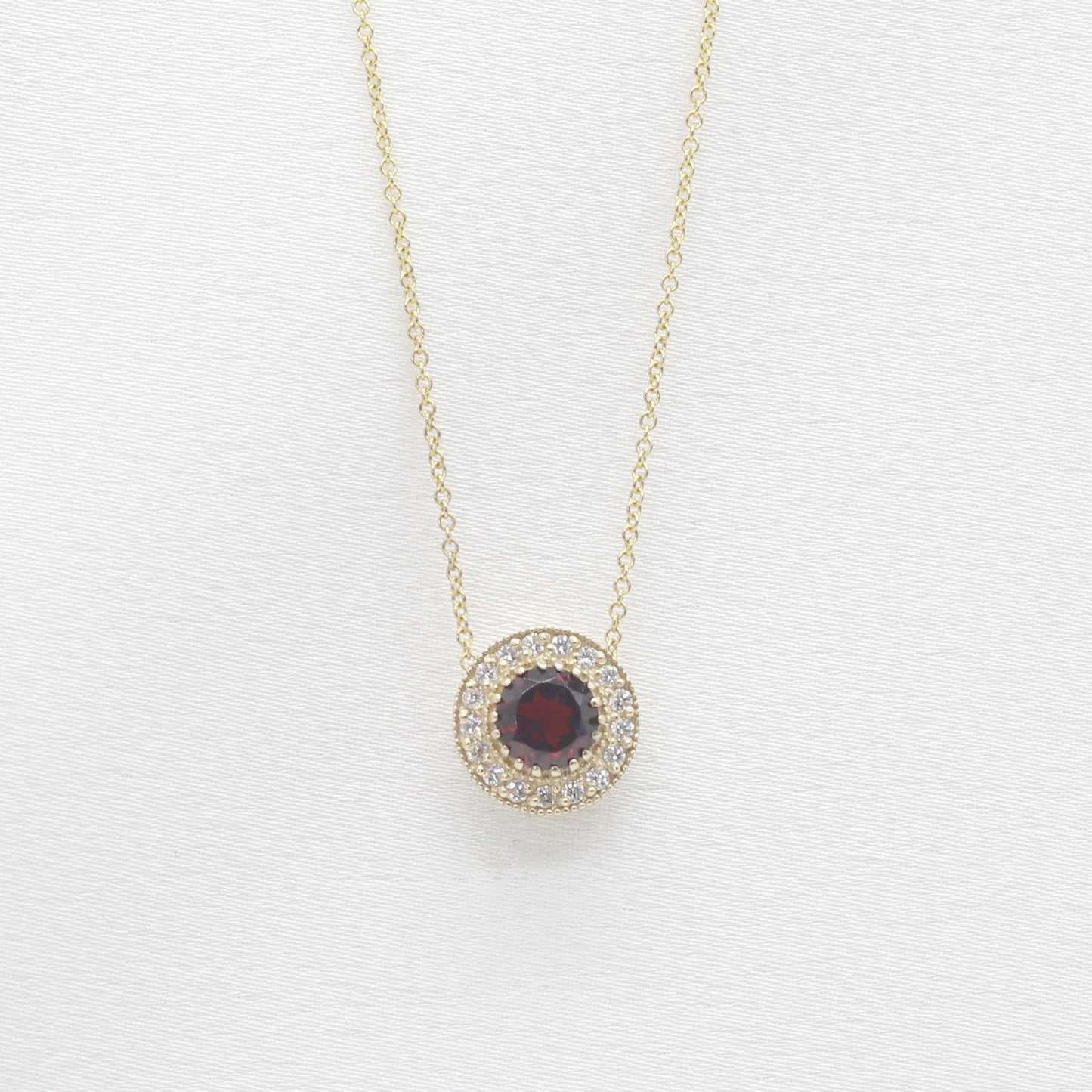 14K GARNET DIAMOND HALO VINTAGE NECKLACE