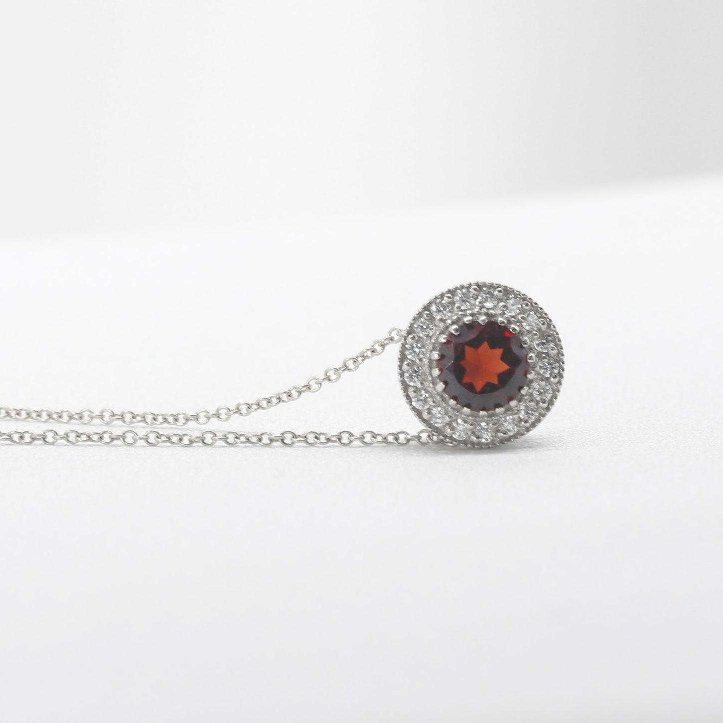 14K GARNET DIAMOND HALO VINTAGE NECKLACE