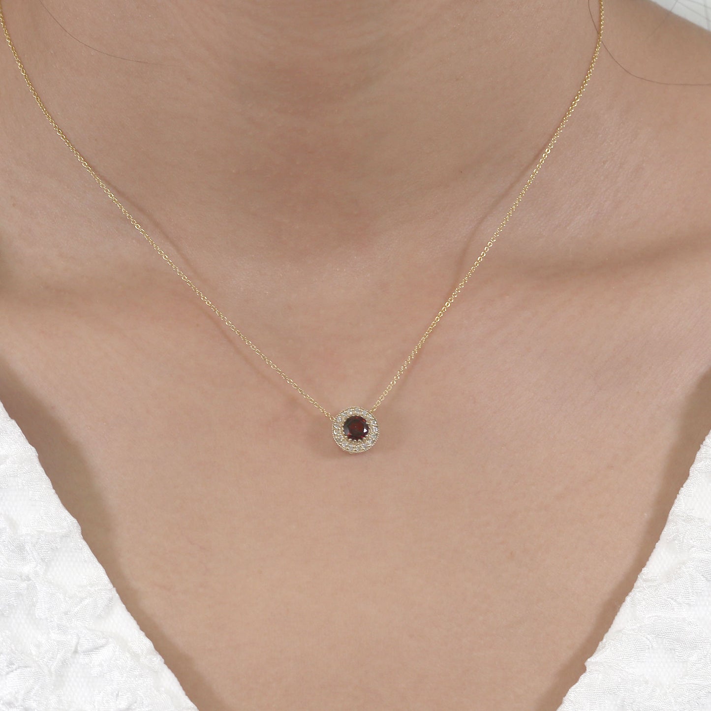 14K GARNET DIAMOND HALO VINTAGE NECKLACE
