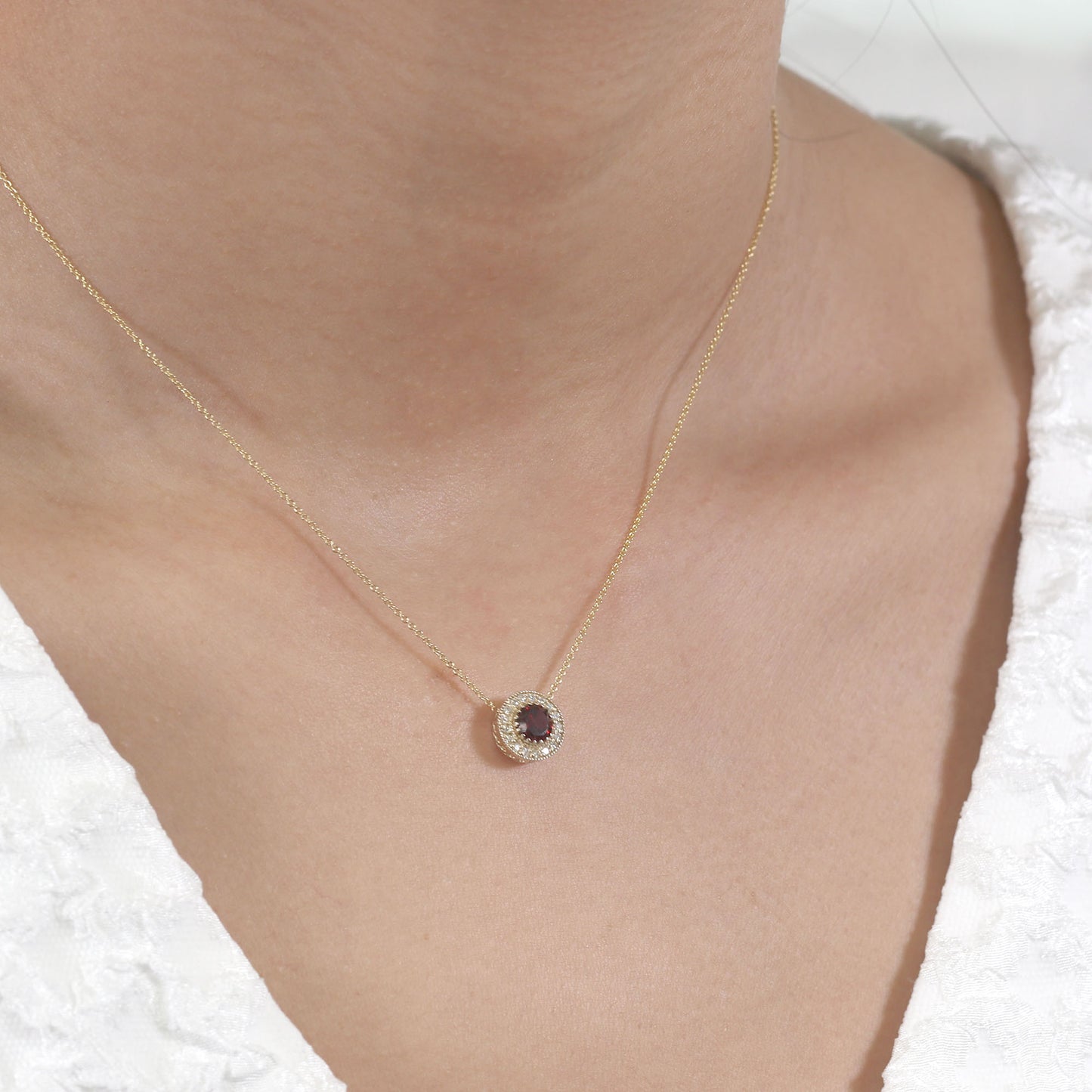 14K GARNET DIAMOND HALO VINTAGE NECKLACE