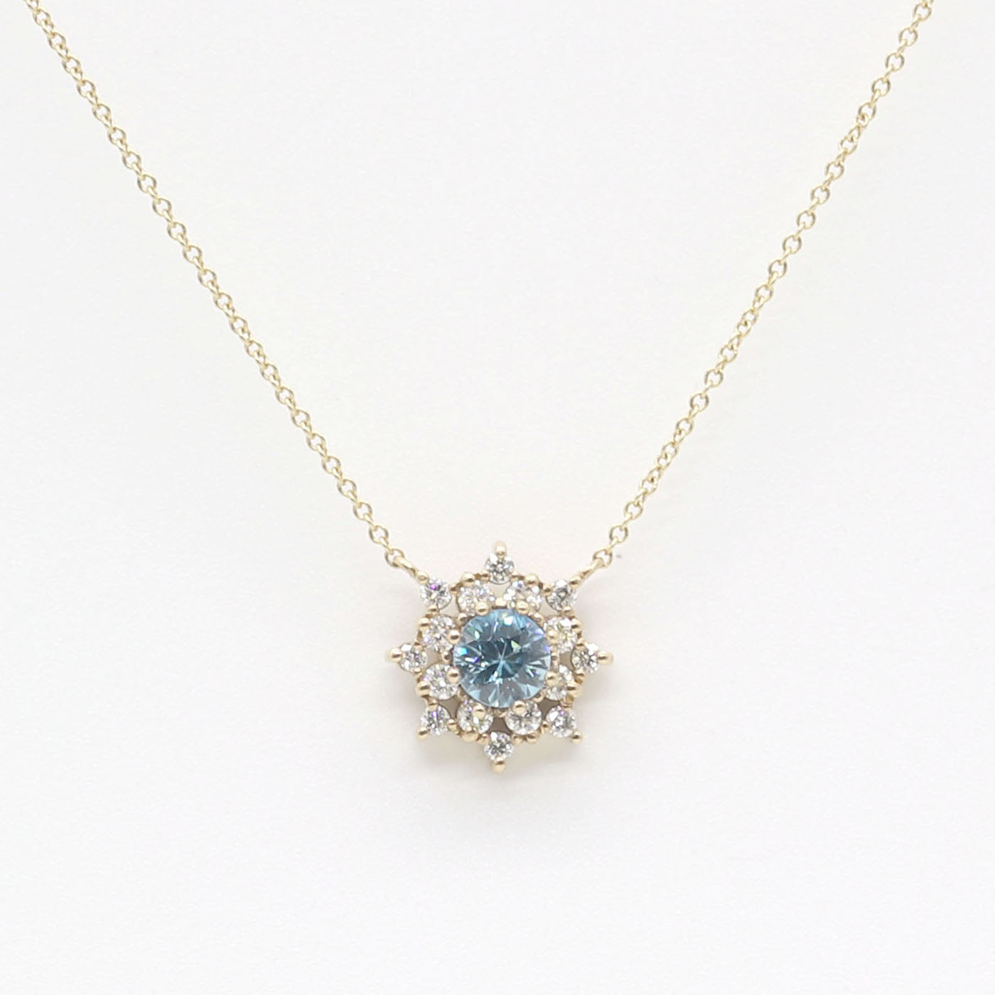 14K BLUE ZIRCON DIAMOND FLOWER NECKLACE