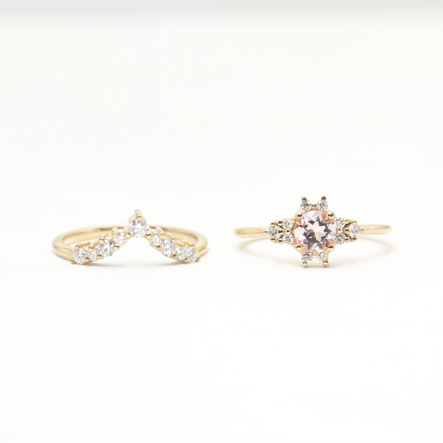 14K MORGANITE DIAMOND CLUSTER RING CHEVRON BAND 2 RING SET