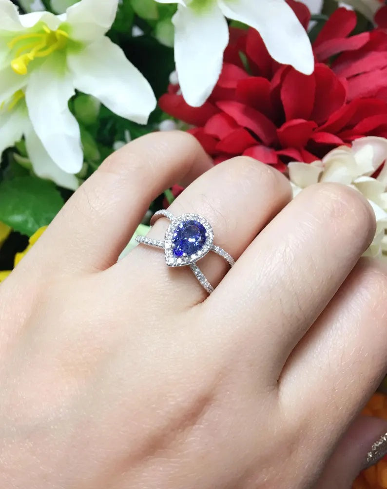 14K PEAR TANZANITE DIAMOND HALO DOUBLE BAND RING