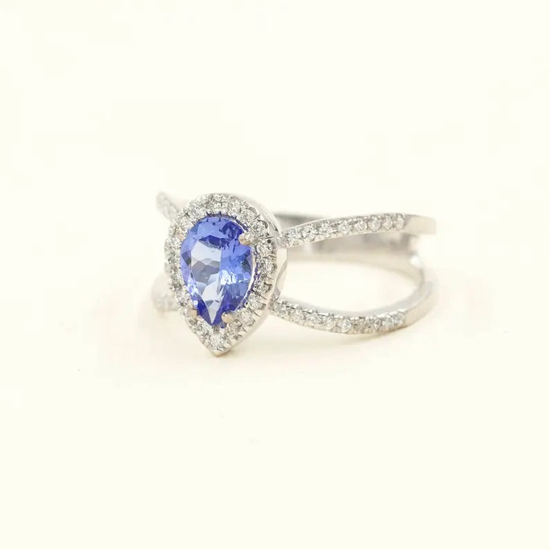 14K PEAR TANZANITE DIAMOND HALO DOUBLE BAND RING
