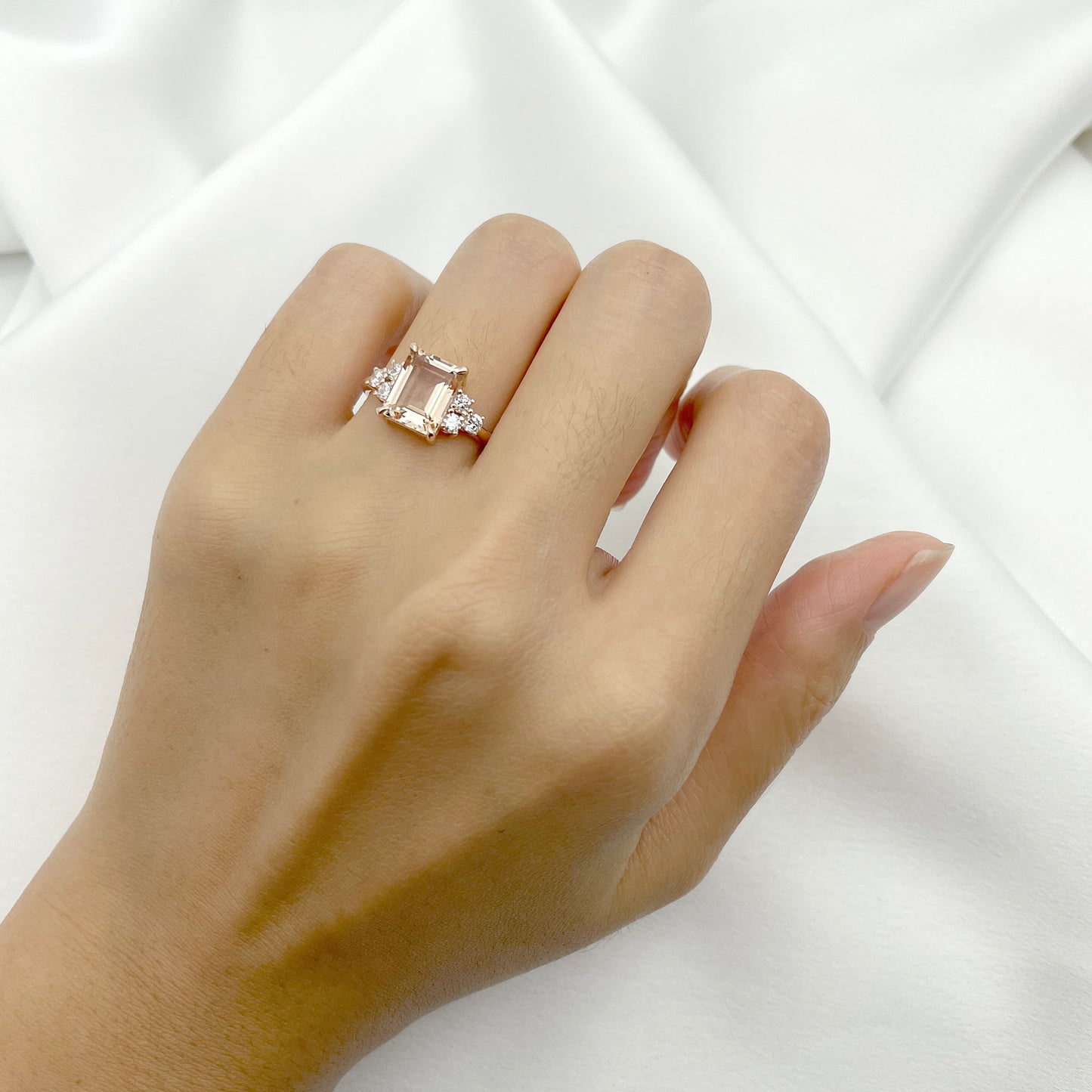 14K SQUARE MORGANITE DIAMOND CLUSTER RING