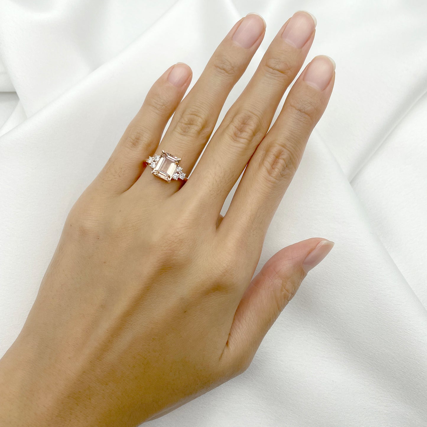 14K SQUARE MORGANITE DIAMOND CLUSTER RING