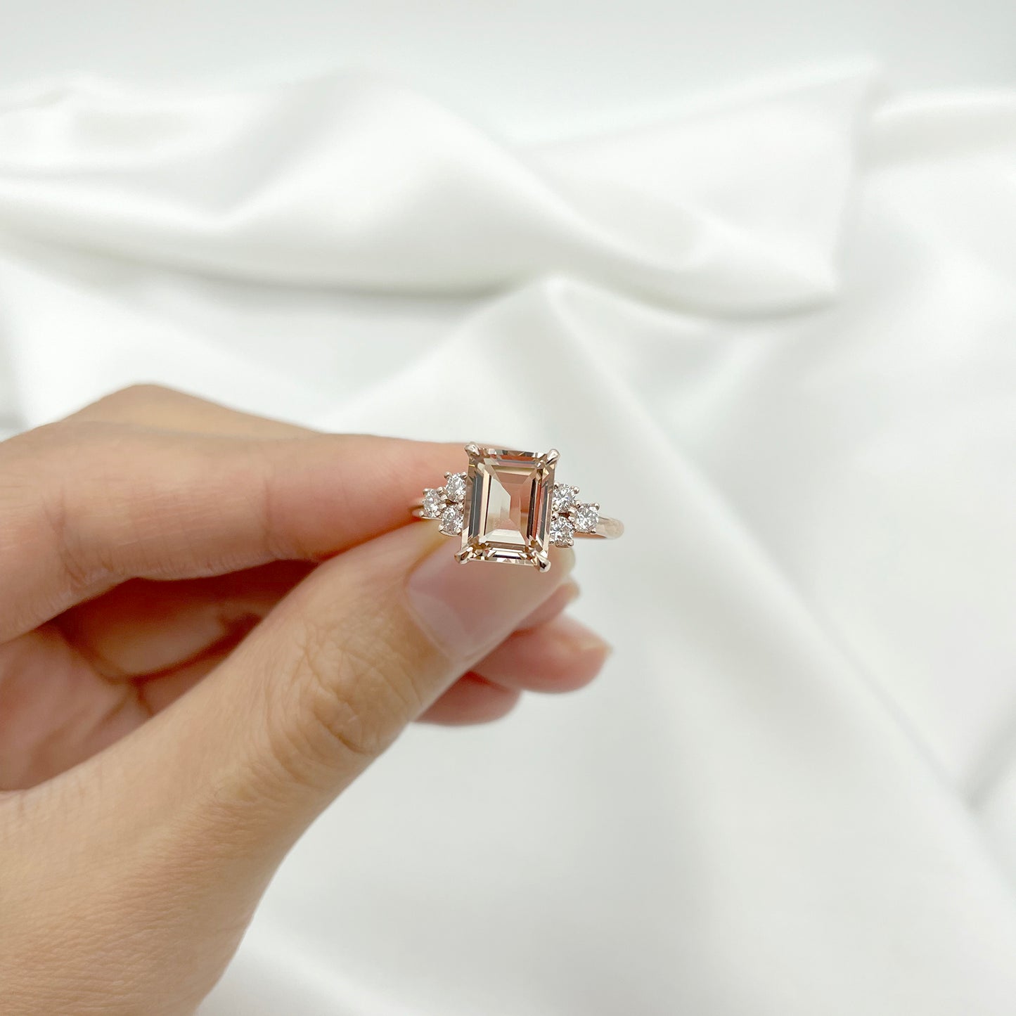 14K SQUARE MORGANITE DIAMOND CLUSTER RING