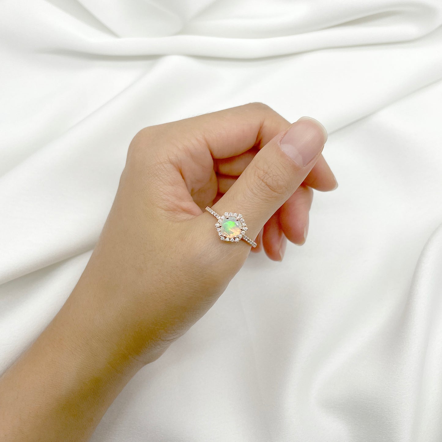 14K OPAL DIAMOND HALO HEXAGON RING ART DECO BAND 2 RING SET