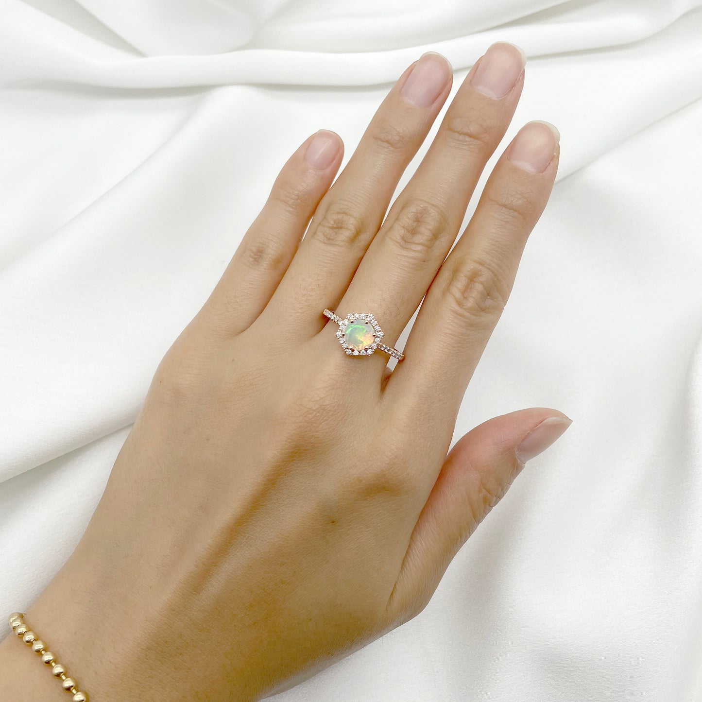 14K OPAL DIAMOND HALO HEXAGON RING ART DECO BAND 2 RING SET