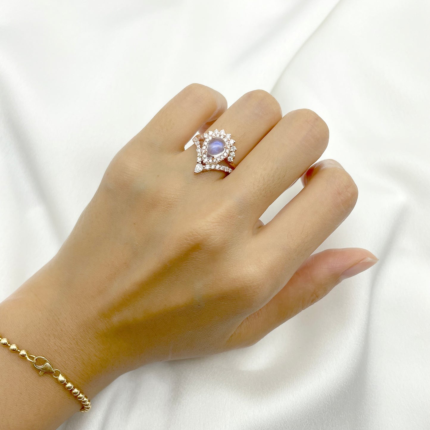 14K MOONSTONE DIAMOND HALO CHEVRON RING