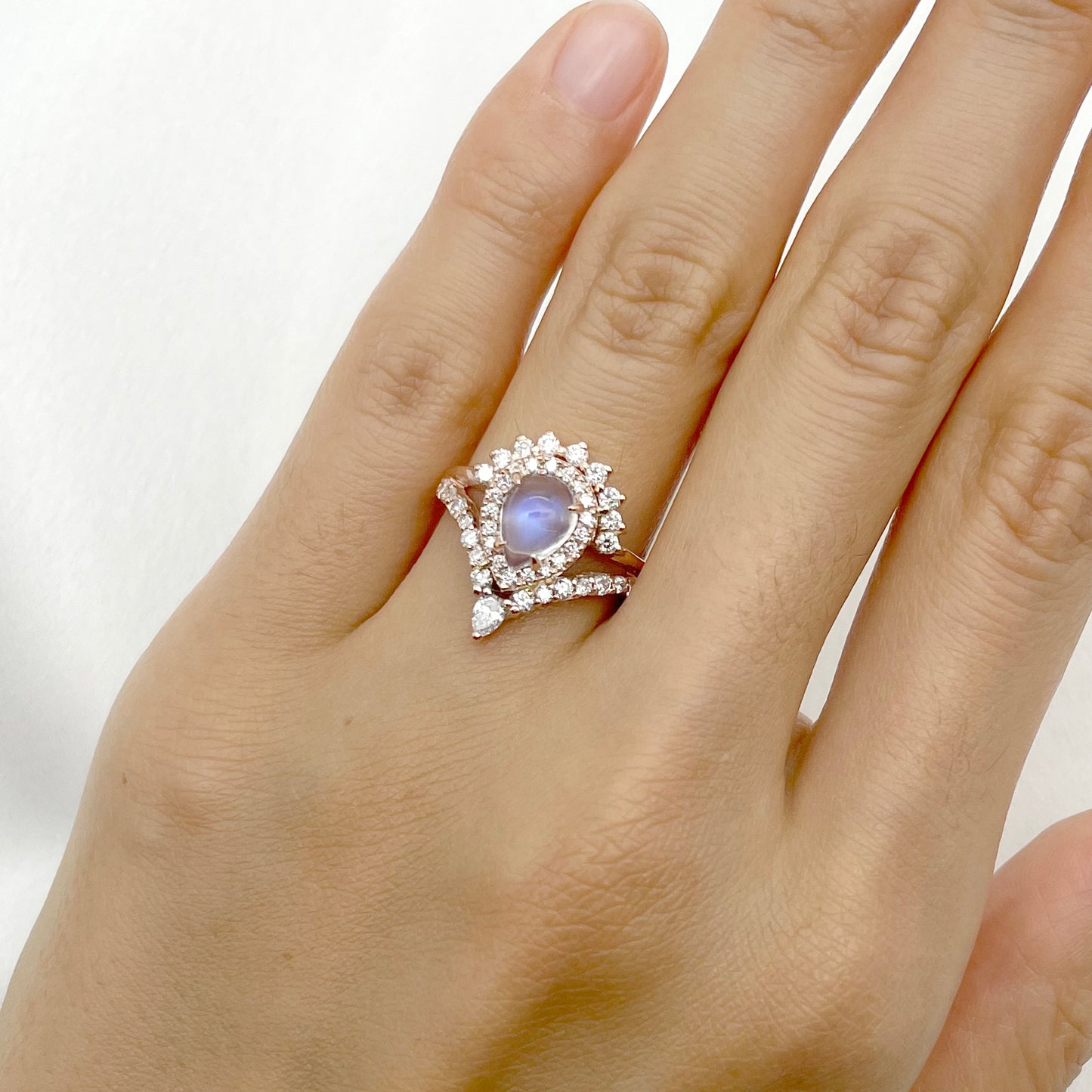 14K MOONSTONE DIAMOND HALO CHEVRON RING