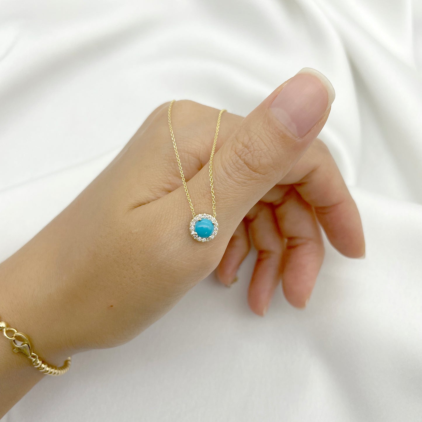14K TURQUOISE DIAMOND HALO NECKLACE