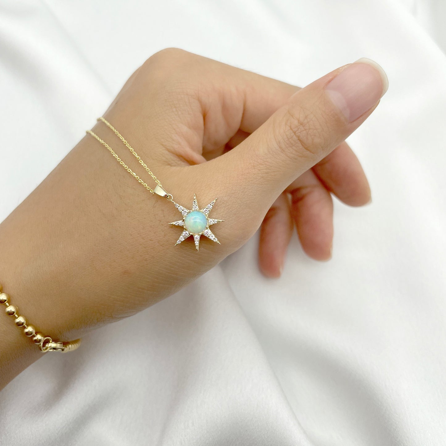 14K CABOCHON OPAL DIAMOND STAR NECKLACE