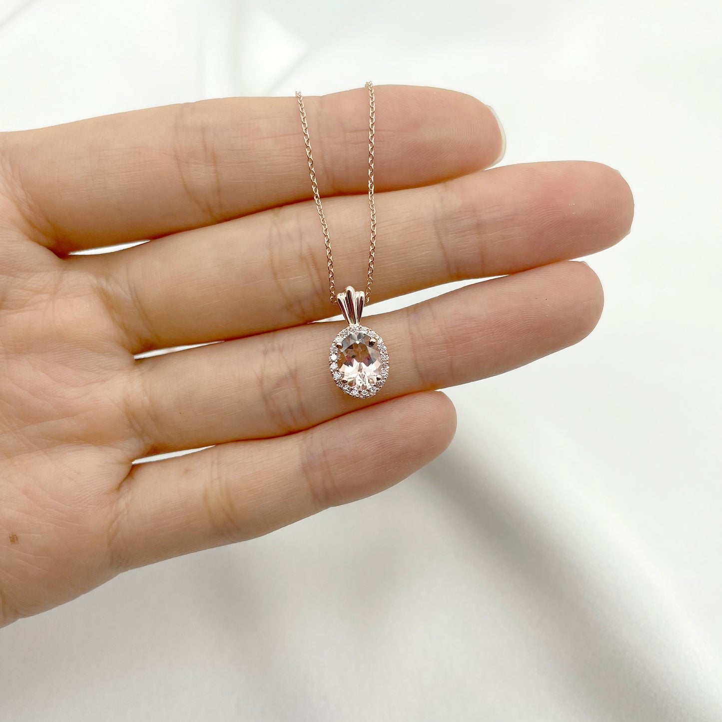 14K OVAL MORGANITE DIAMOND HALO NECKLACE