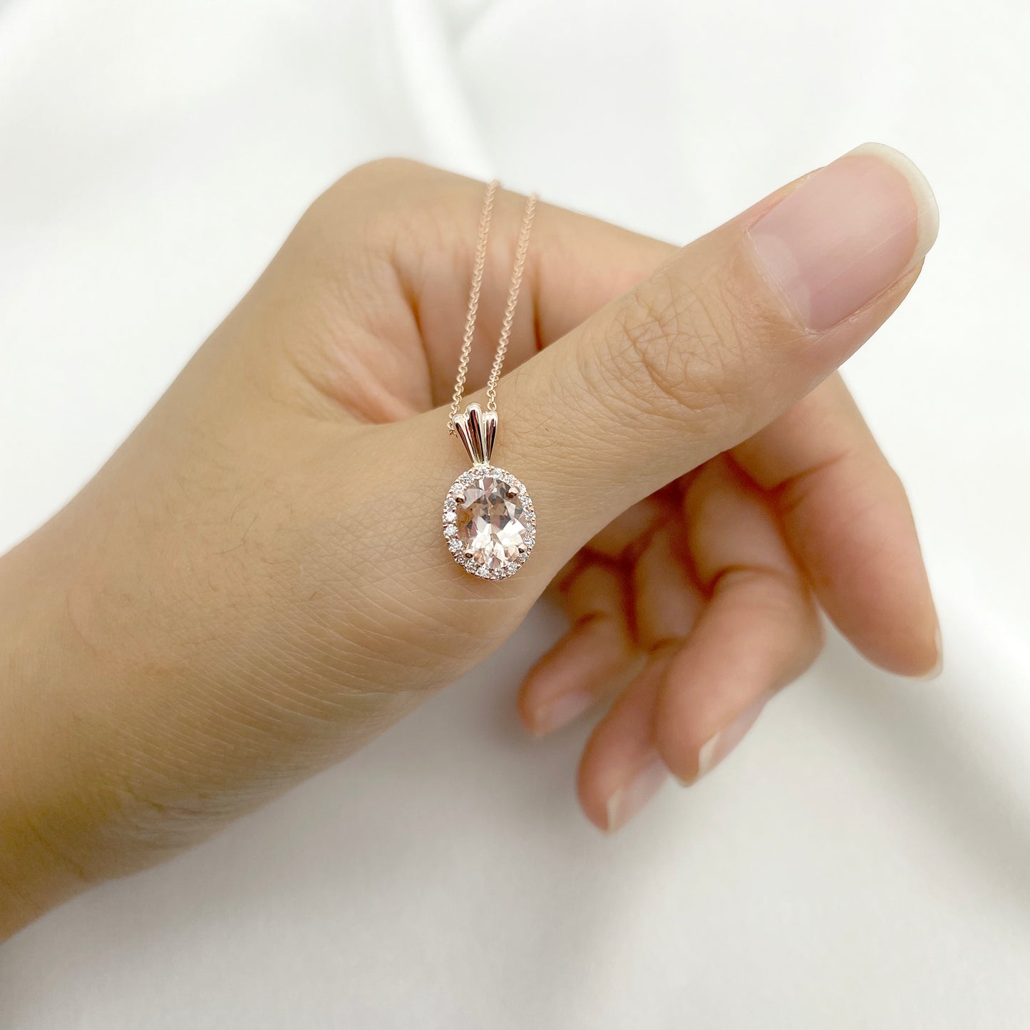 14K OVAL MORGANITE DIAMOND HALO NECKLACE