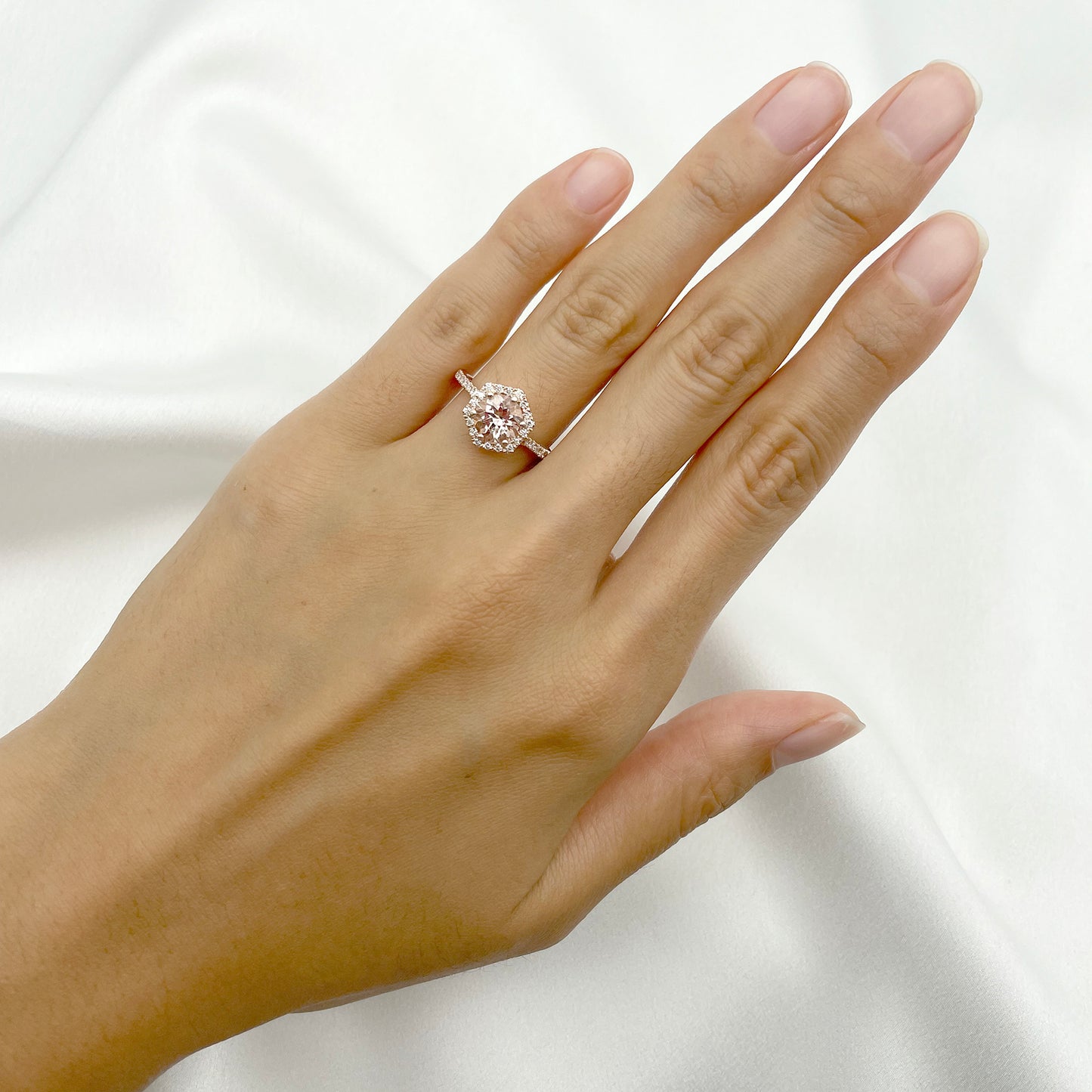 14K MORGANITE DIAMOND HALO HEXAGON RING
