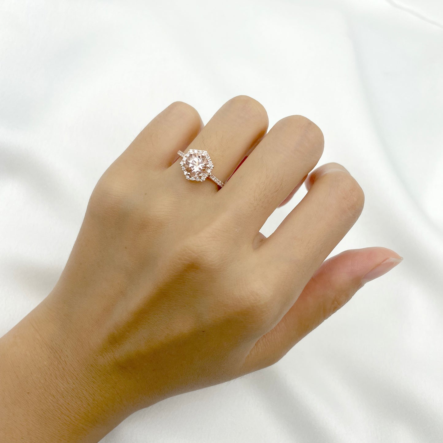 14K MORGANITE DIAMOND HALO HEXAGON RING