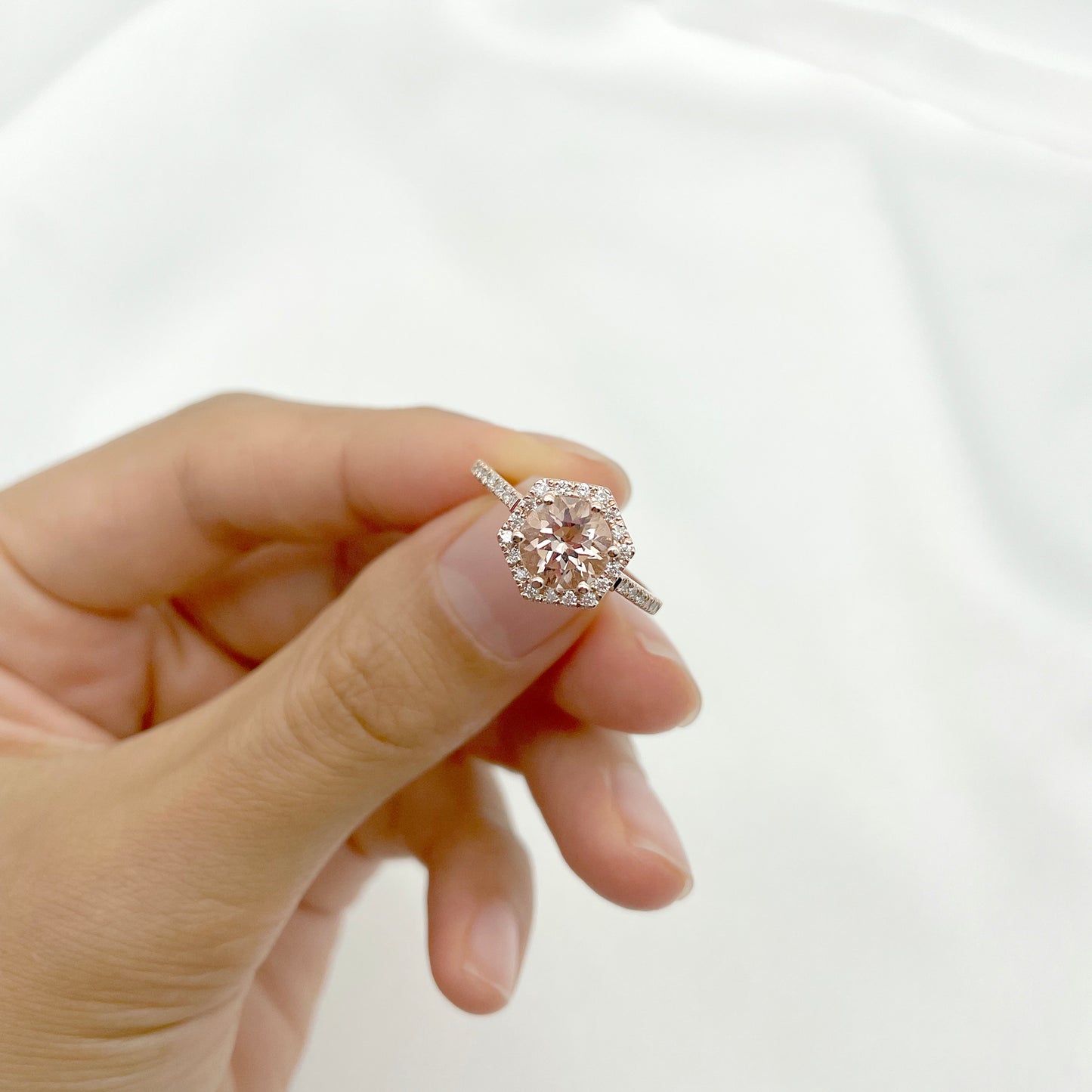 14K MORGANITE DIAMOND HALO HEXAGON RING