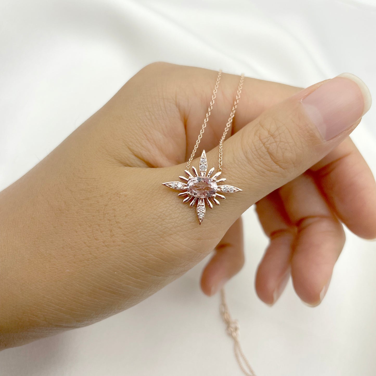 14K MORGANITE DIAMOND STARBURST NECKLACE