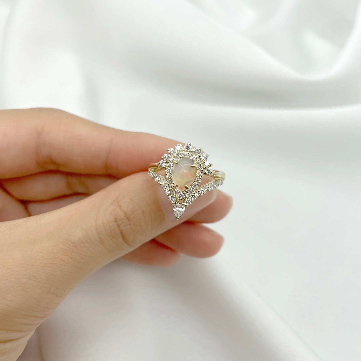 14K PEAR OPAL DIAMOND HALO CROWN CHEVRON RING
