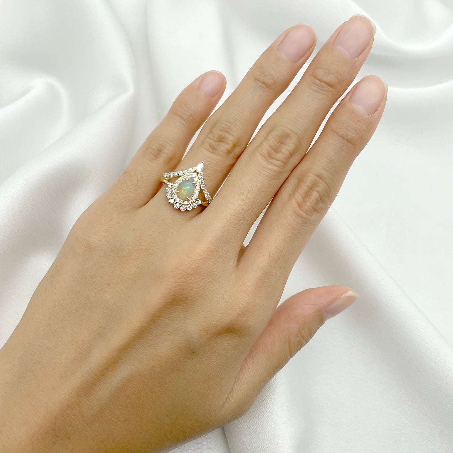 14K PEAR OPAL DIAMOND HALO CROWN CHEVRON RING