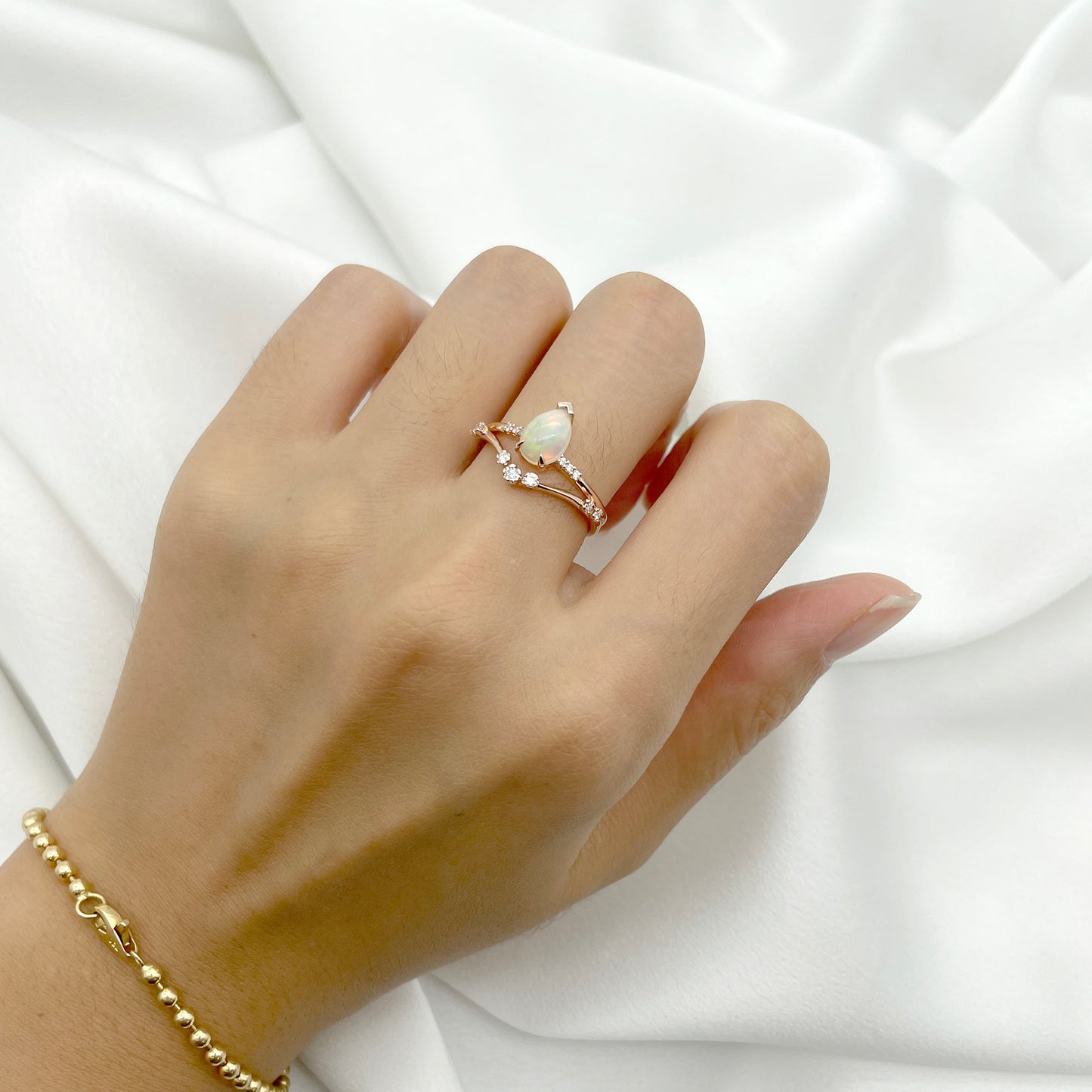 14K PEAR OPAL RING DIAMOND CHEVRON BAND 2 RING SET