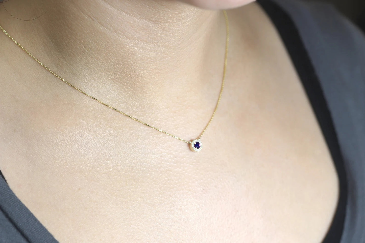 14K 3MM SAPPHIRE DIAMOND HALO EAR NECKLACE