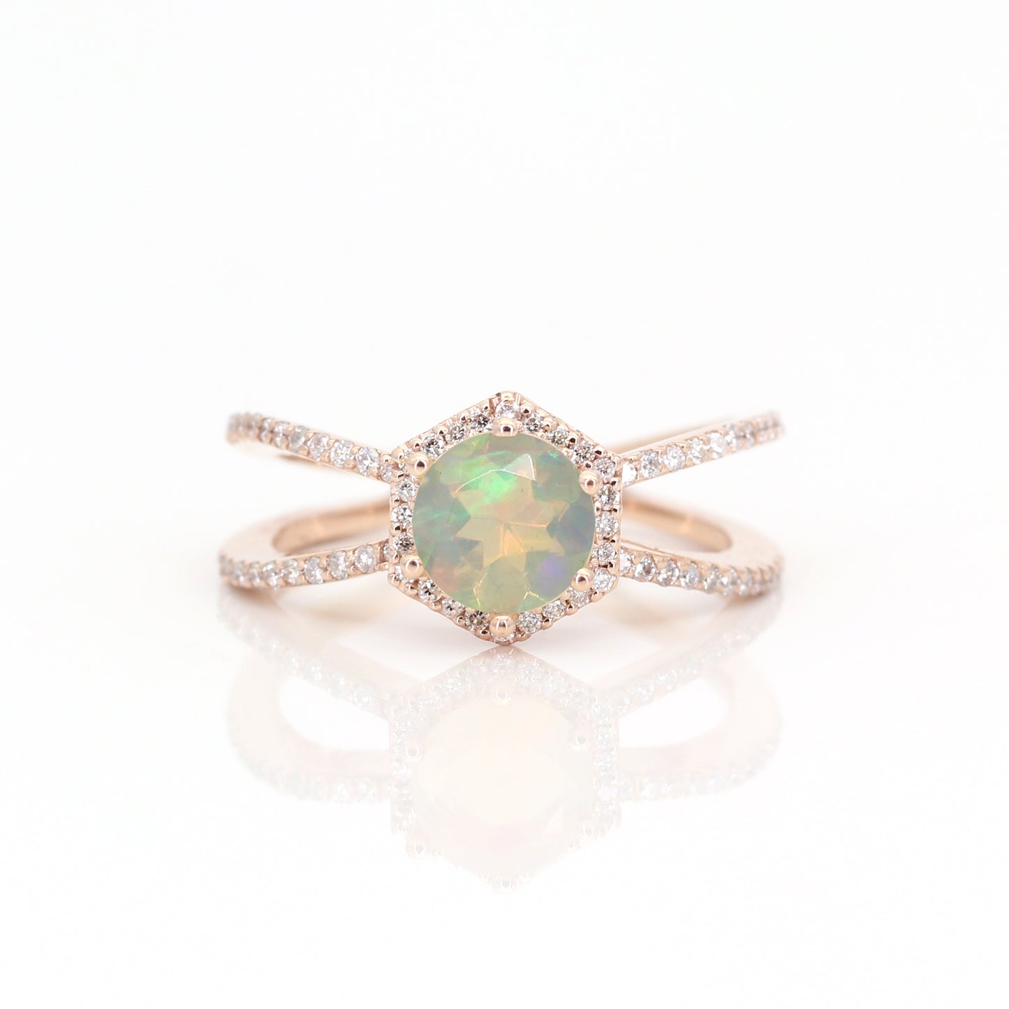 14K OPAL DIAMOND HALO HEXAGON DOUBLE BAND RING