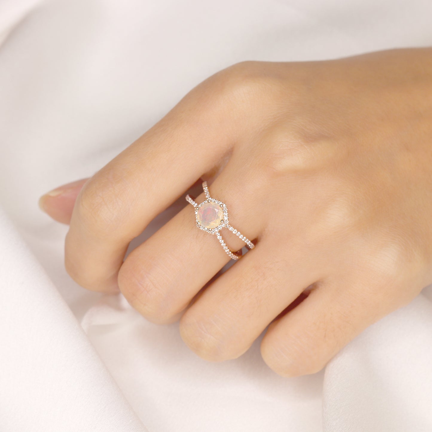 14K OPAL DIAMOND HALO HEXAGON DOUBLE BAND RING