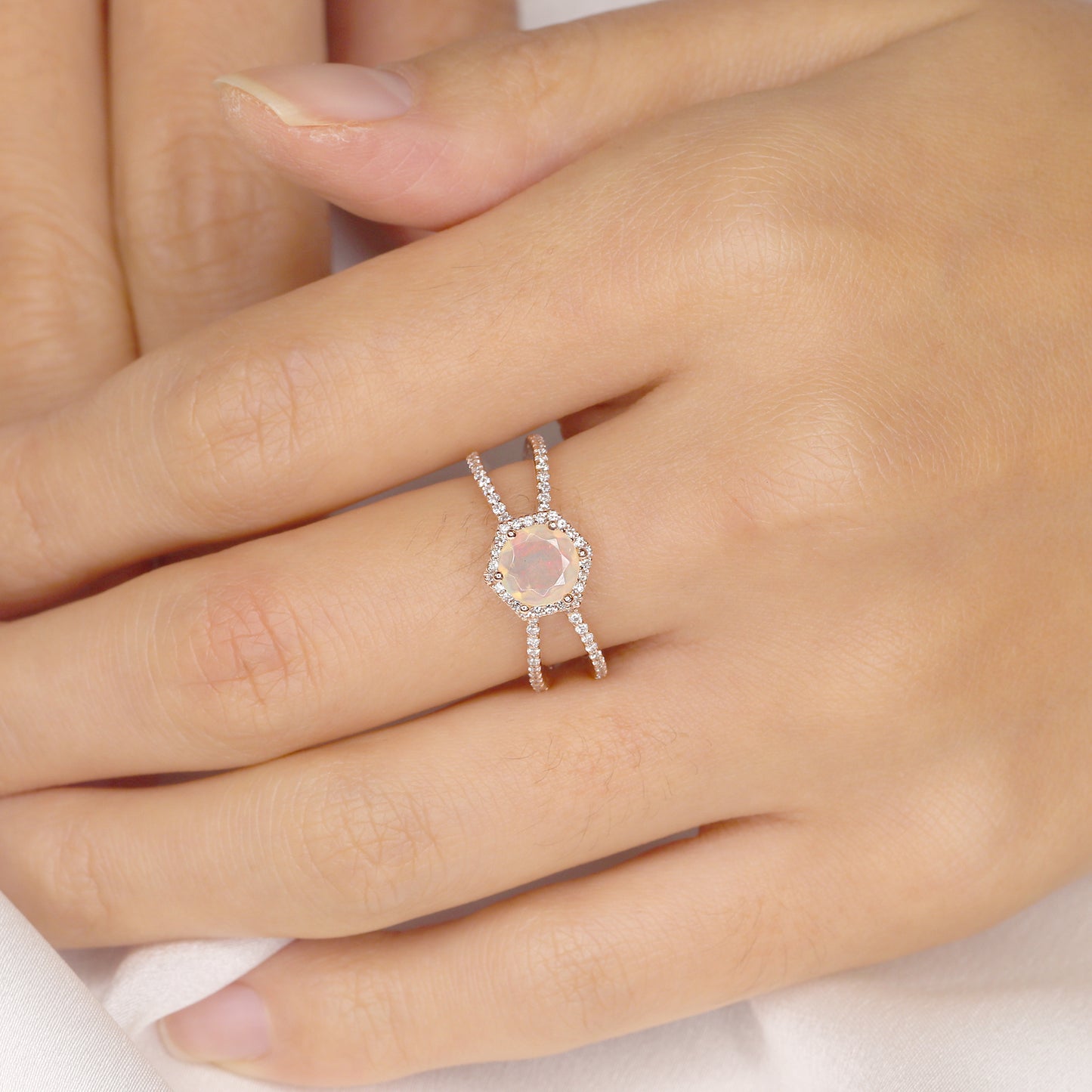 14K OPAL DIAMOND HALO HEXAGON DOUBLE BAND RING