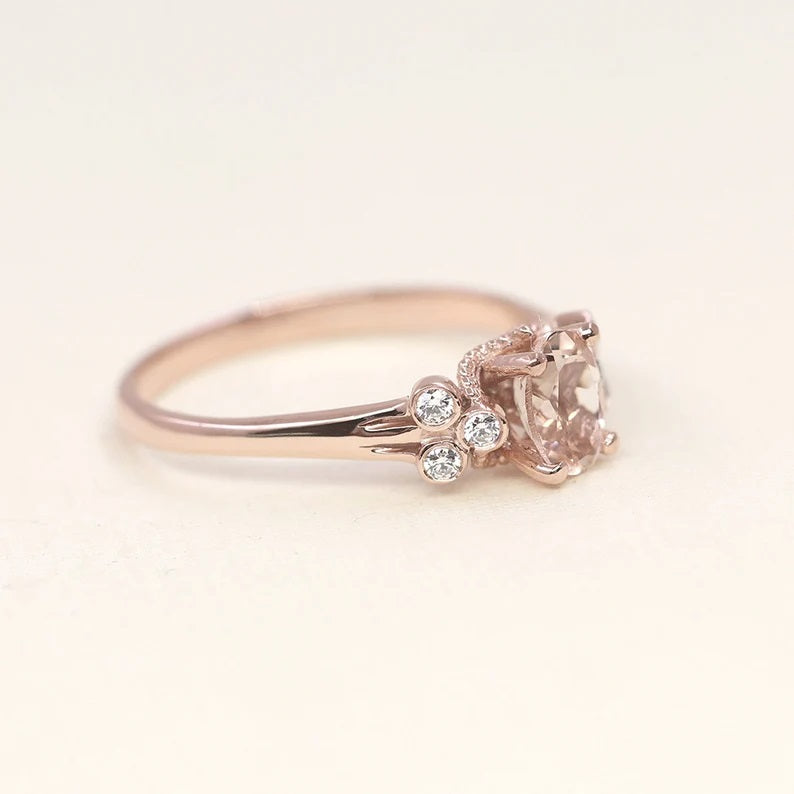 14K OVAL MORGANITE DIAMOND BEZEL CLUSTER RING