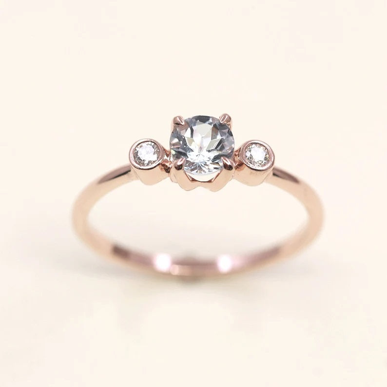 14K ROUND AQUAMARINE DIAMOND BEZEL RING