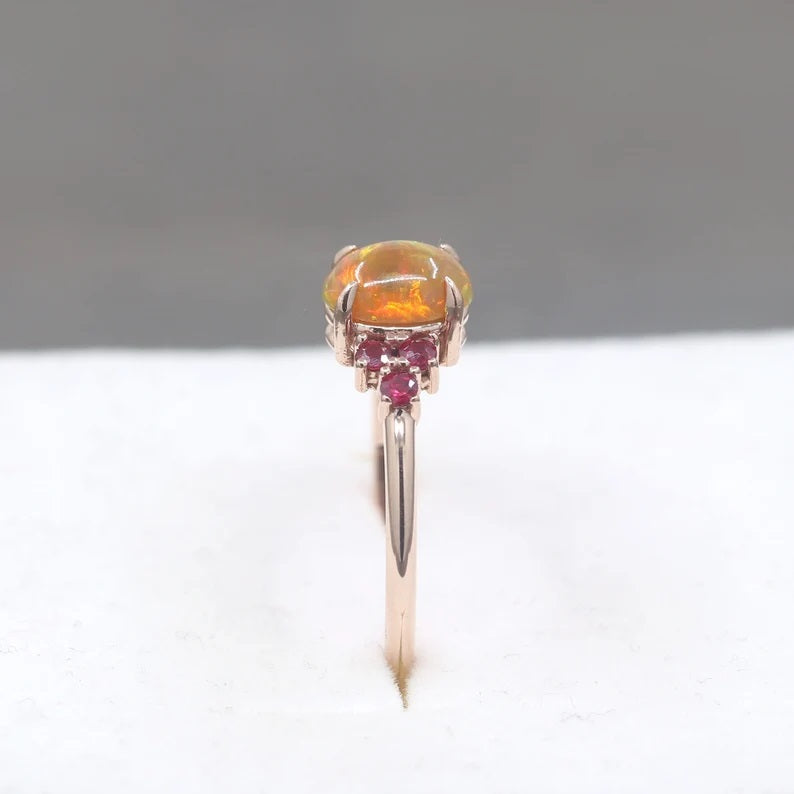 14K OVAL OPAL RUBY CLUSTER RING